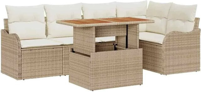 vidaXL Garten-Sofa-Set aus Poly Rattan in Beige, 6-teiliges Lounge-Set mit Eckplatz, zwei Mittelsofas, zwei Armsofas mit Stauraum und Gartentisch, inklusive wetterfester Polsterauflagen - Bild 1