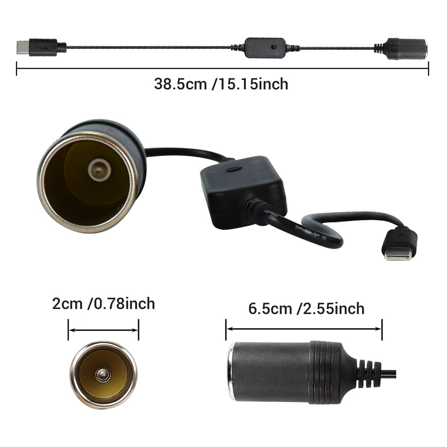 WYMECT USB-C auf Auto-Zigarettenanzünder-Adapter Step-Up-Kabel für 9 V und 12 V, Schwarz - Bild 4