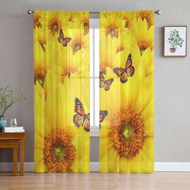 Gelber Tüll-Vorhang mit Sonnenblumen- und Schmetterlings-Blumenmuster für Wohnzimmer und Küche, Breite: 135 cm, Höhe: 115 cm - Bild 1