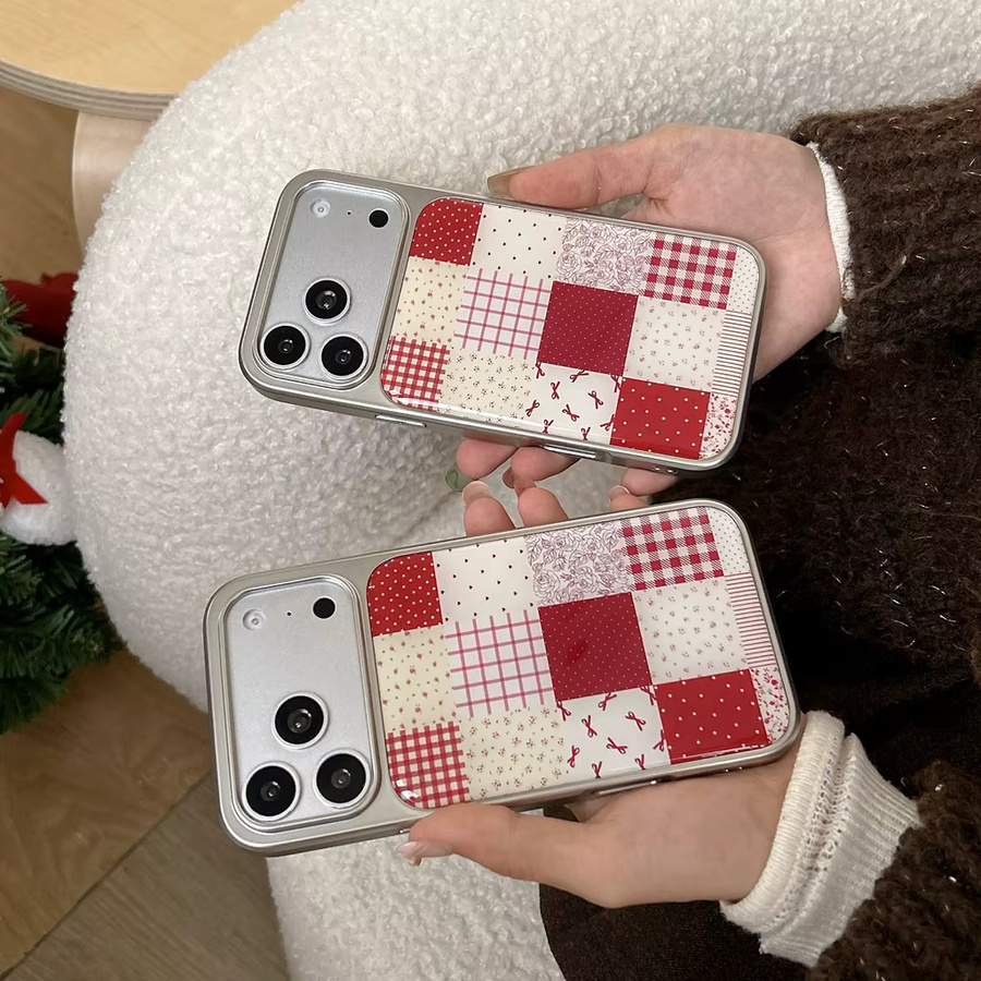 Handyhülle im Retro-Design mit Spleißmuster, Gitter, Blumen und Schleifen für iPhone 17 16 15 14 Pro Max, rot/mehrfarbig - Bild 5