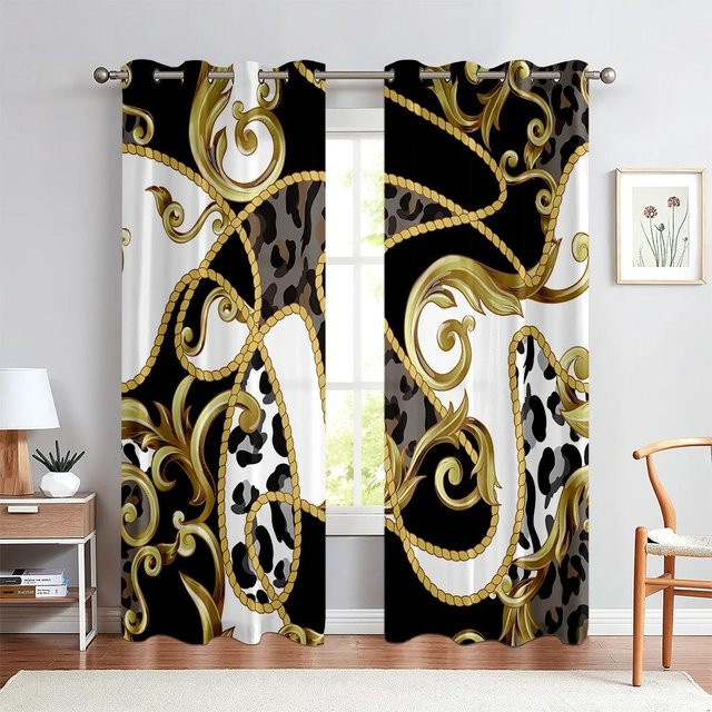 Modernes geometrisches Vorhang-Set aus Polyester in Schwarz, Gold und Rot für Wohnzimmer und Schlafzimmer, B: 60 cm, H: 100 cm, 2 Stück - Bild 1
