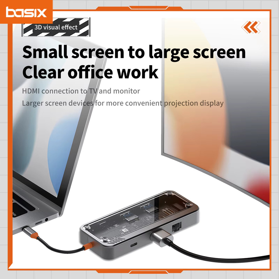 Basix 8in1 USB C Hub mit Ethernet Port und PD 100W Ladung in Grau - Bild 2