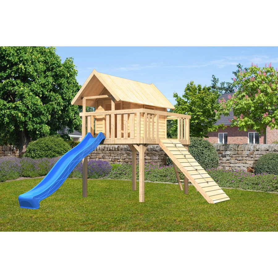 Karibu Stelzenhaus Fidel Set in Natur mit blauer Wellenrutsche und Holzrampe, Spielturm B/H/T: 198 x 329,5 x 243 cm - Bild 2