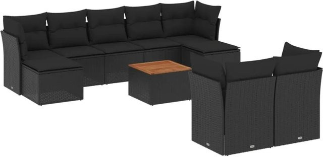 vidaXL 10-tlg Garten-Sofagarnitur aus Poly Rattan und Akazienholz in Schwarz mit Kissen Modell 95 - Bild 1