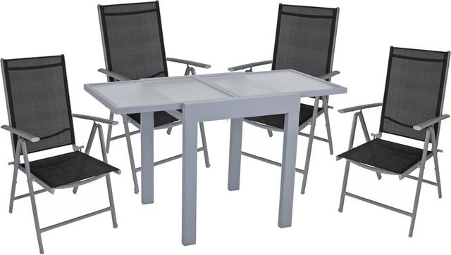 DELUKE Garten-Sitzgruppe AXEL 5-tlg. aus Aluminium und Glas in Grau mit ausziehbarem Esstisch und Hochlehner-Klappstühlen - Bild 1