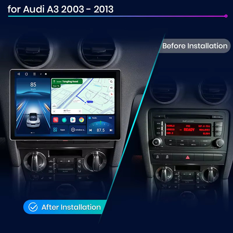 Junsun Android 13 Autoradio für Audi A3 8P mit 9 Zoll Display, 4GB RAM, 64GB Speicher, GPS, Carplay, Bluetooth und Rückfahrkamera Unterstützung, Schwarz - Bild 2