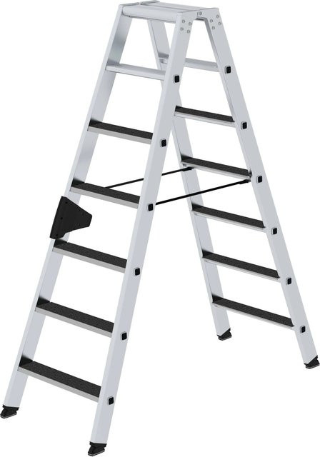 PROREGAL Stufen-Stehleiter beidseitig begehbar mit Clip-Step R13 in Silber, 2 x 7 Stufen - Bild 1