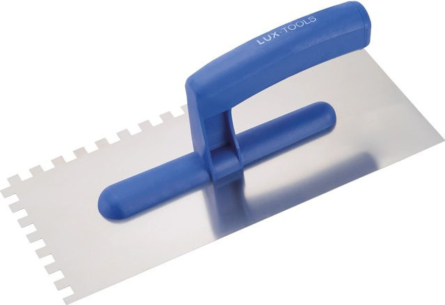 LUX-TOOLS Glättekelle aus Edelstahl in Blau mit 8 mm x 8 mm Zahnung, Breite: 27 cm - Bild 1