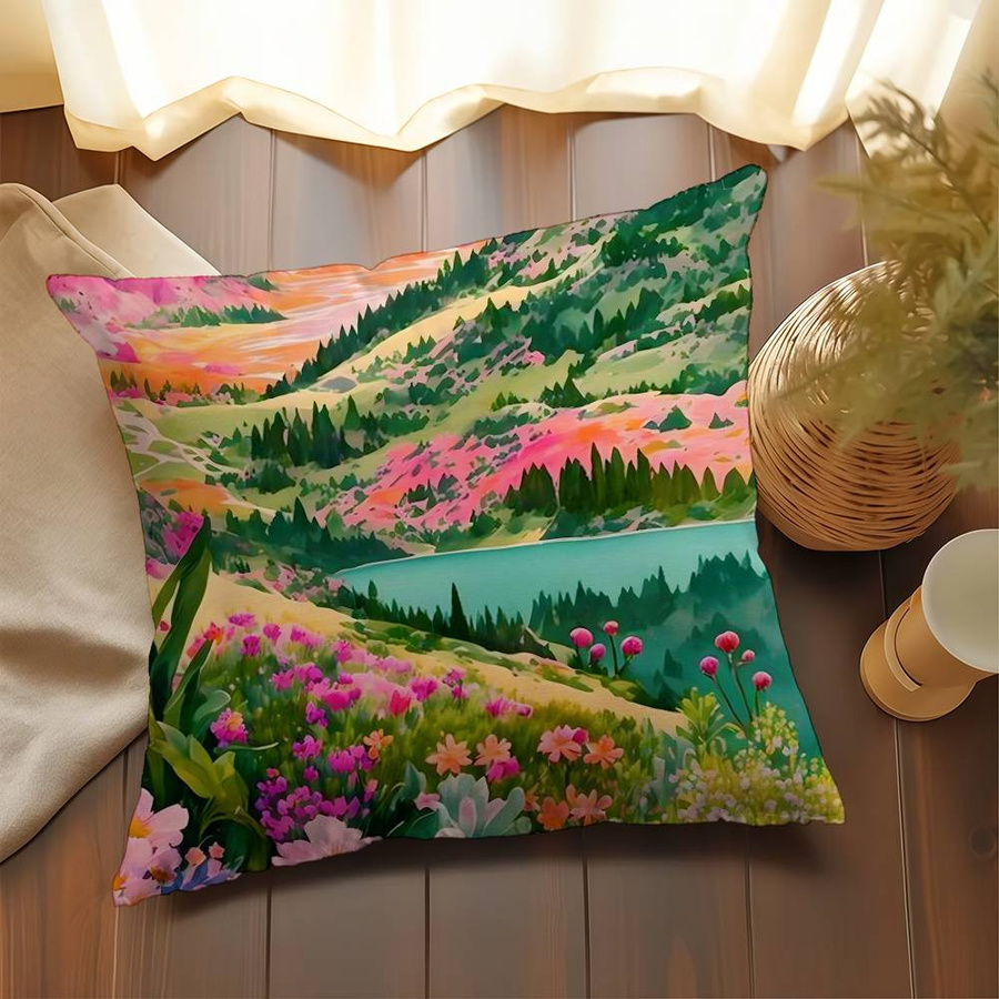 Kissenbezug mit abstrakter Illustration einer bunten Naturlandschaft und Bergblumen für dein Sofa, B/B/H: 18 x 18 x 18 cm - Bild 3