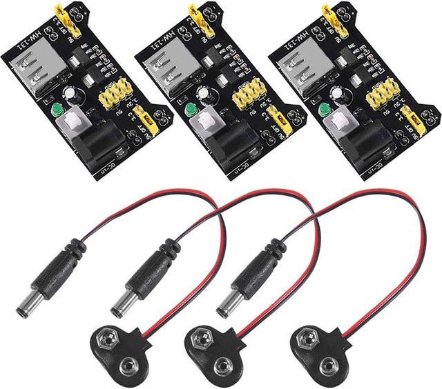 AOKIN 3er-Set MB102 Breadboard Netzteil-Modul mit 3,3 V und 5 V, inklusive 9V Batterie-Clip und DC-Jack-Stecker 2,1 x 5,5 mm, Schwarz - Bild 1