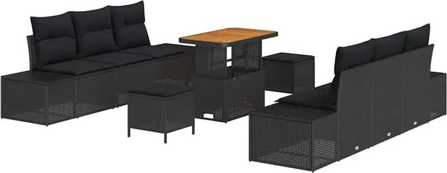 vidaXL Garten-Sofa-Set aus Polyrattan und Stahl in Schwarz, 9-teiliges Lounge-Set mit UV-beständigen und abnehmbaren Kissen, bestehend aus 4 Seitensofas, 2 Zentralsitzen, 2 Hockern und einem Tisch - Bild 1
