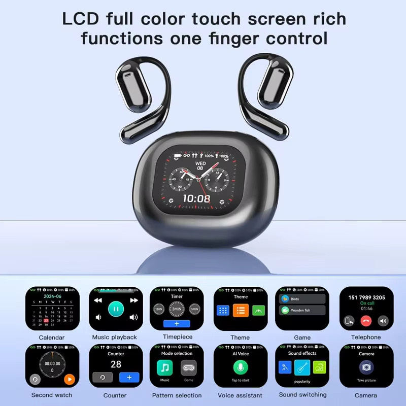 UYUXIO Drahtlose Open-Ear Ohrhörer mit LCD-Touchscreen, Bluetooth 5.4, OWS und AI-Sprachübersetzung für 144 Sprachen, Schwarz - Bild 2