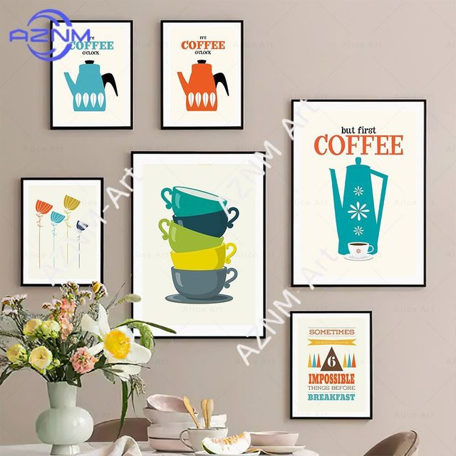 KAYOU Retro Wandkunst Leinwanddruck Teetasse und Kaffee Poster für deine Küche und dein Wohnzimmer in Mehrfarbig - Bild 1