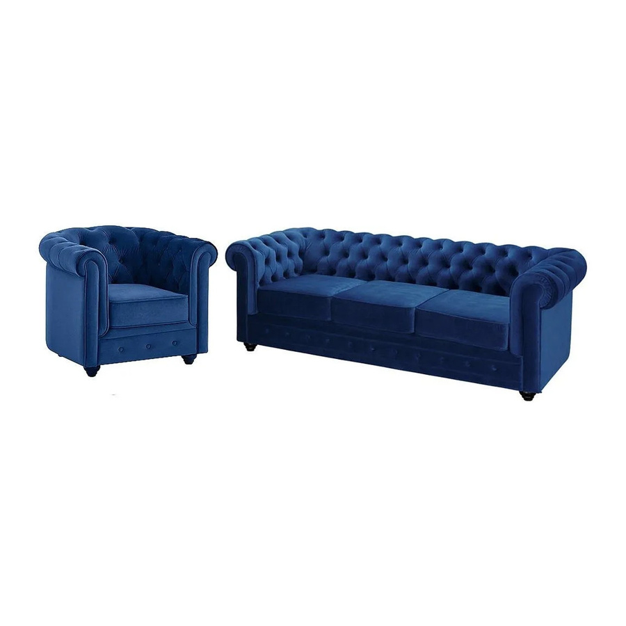 Vente-unique Chesterfield Couchgarnitur aus Samt mit 3-Sitzer-Sofa und Sessel in Königsblau, Breite: 205 cm, Tiefe: 82 cm - Bild 2