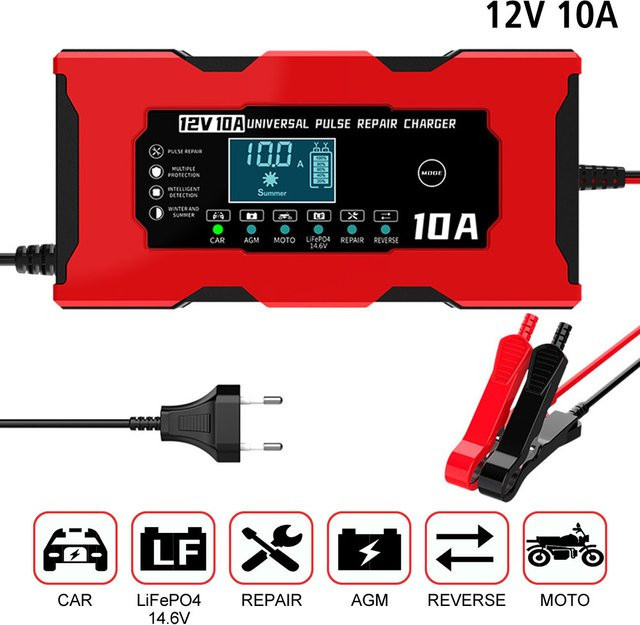 Intelligentes Auto Batterie Ladegerät mit Digitalem LCD Display für 12 V und 14,6 V Lithium-Eisenphosphat Batterien, 10A, Farbe: Rot - Bild 1