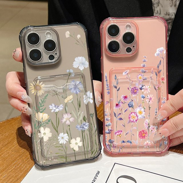 MOESOE Schutzhülle mit Kartensteckplatz für iPhone 16 Pro 16e 15 14 13 Pro Max 12 11 mit Blumenmuster, stoßfeste transparente TPU-Silikon Handyhülle - Bild 1