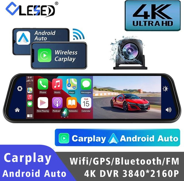 4K Dashcam Rückspiegel mit 10 Zoll OLED Display, Android Auto und Apple CarPlay, 5G WIFI, Bluetooth, GPS und FM-Transmitter, Schwarz - Bild 1
