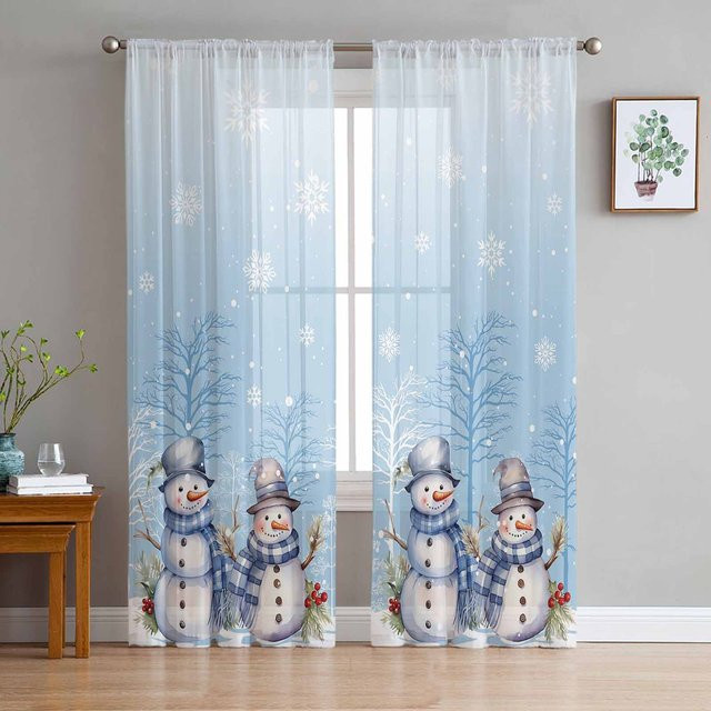 Transparentes Weihnachts-Voile-Vorhang Design mit Schneemann, Schneeflocken und Zweigen von Your Warm Home, Farbe Blau, Breite: 135 cm, Höhe: 114 cm - Bild 1