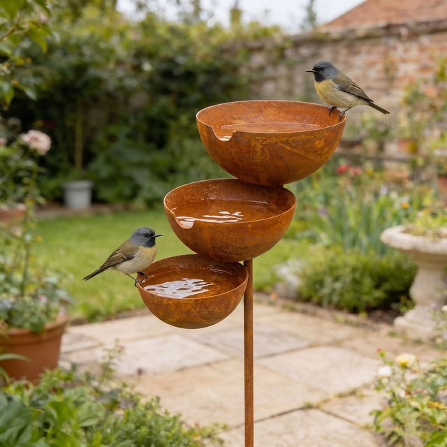 Alloet 3-Schichtige Vogel-Wasserschale mit Metallständer in Braun für Garten und Terrasse - Bild 1