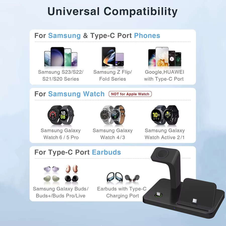 Samsung 3-in-1 Schnelles Kabelloses Ladegerät in Schwarz für Galaxy S24 S23 S22 Note 20 Z Flip Z Fold, Galaxy Watch und Buds - Bild 3