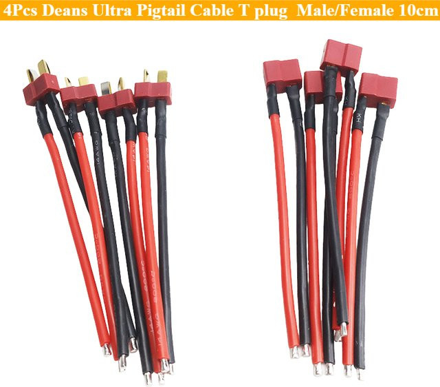 4er Set Deans Ultra Pigtail Kabel mit T-Steckern Männlich/Weiblich, 10 cm Länge, 14AWG weicher Silikon-Draht in Rot für RC Quadcopter und Lipo Batterien - Bild 1