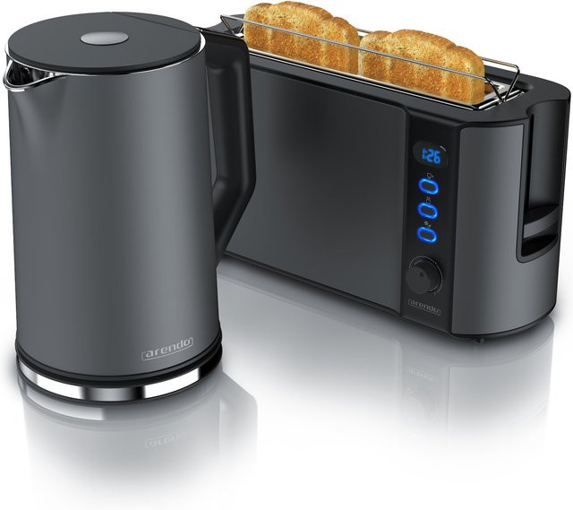 Arendo Frühstücks-Set aus Edelstahl mit 1,5 l Wasserkocher und 2-Scheiben-Langschlitz-Toaster in Grau - Bild 1