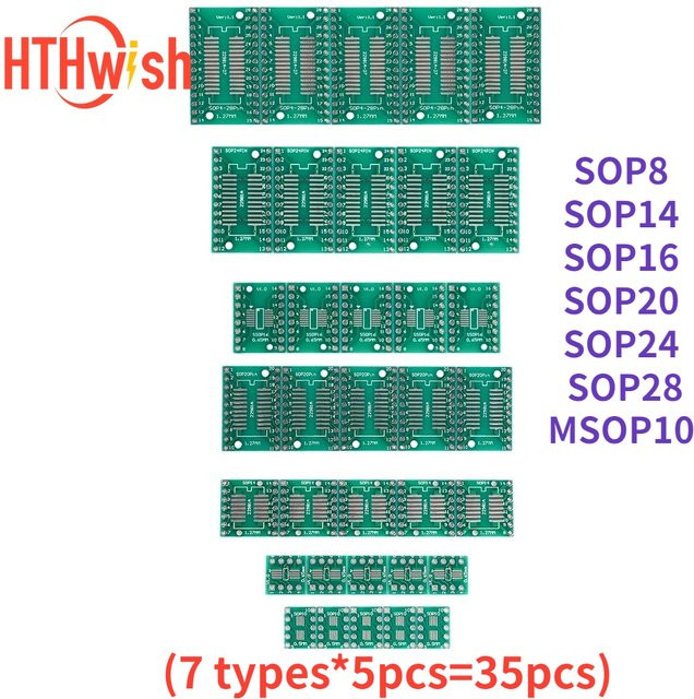 35er Set PCB SMD zu DIP Adapter Konverter Protoboard in Grün für SOP8 MSOP10 SOP14 SOP16 SOP20 SOP24 und SOP28 - Bild 1
