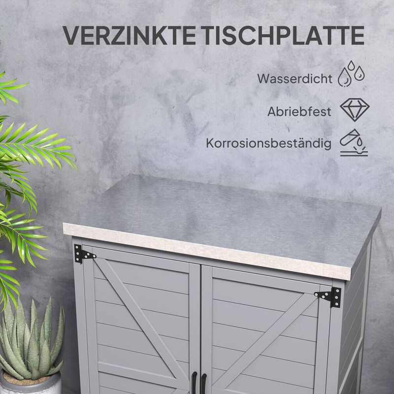 Outsunny Gartenschrank aus Holz und verzinktem Stahl in Grau mit Doppeltür und Einlegeböden für Garten und Terrasse, B/T/H: 79 x 43 x 92 cm - Bild 2