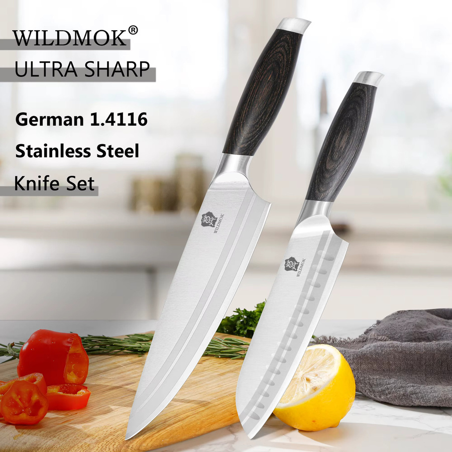WILDMOK 2-teiliges Kochmesser-Set aus 1.4116 Hochkohlenstoff-Edelstahl mit Pakkaholz-Griff bestehend aus Kochmesser und Santoku-Messer - Bild 6