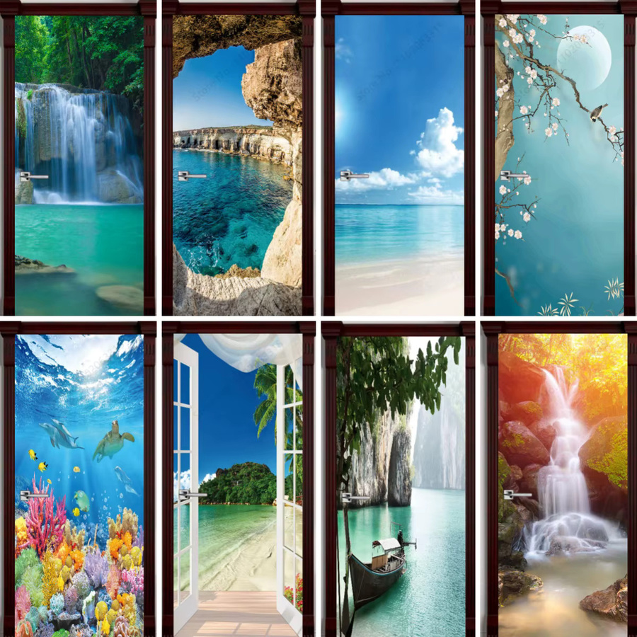 Selbstklebender 3D Wandaufkleber Strand und Wasserfall aus PVC als Wandbild für dein Wohnzimmer in Mehrfarbig - Bild 2