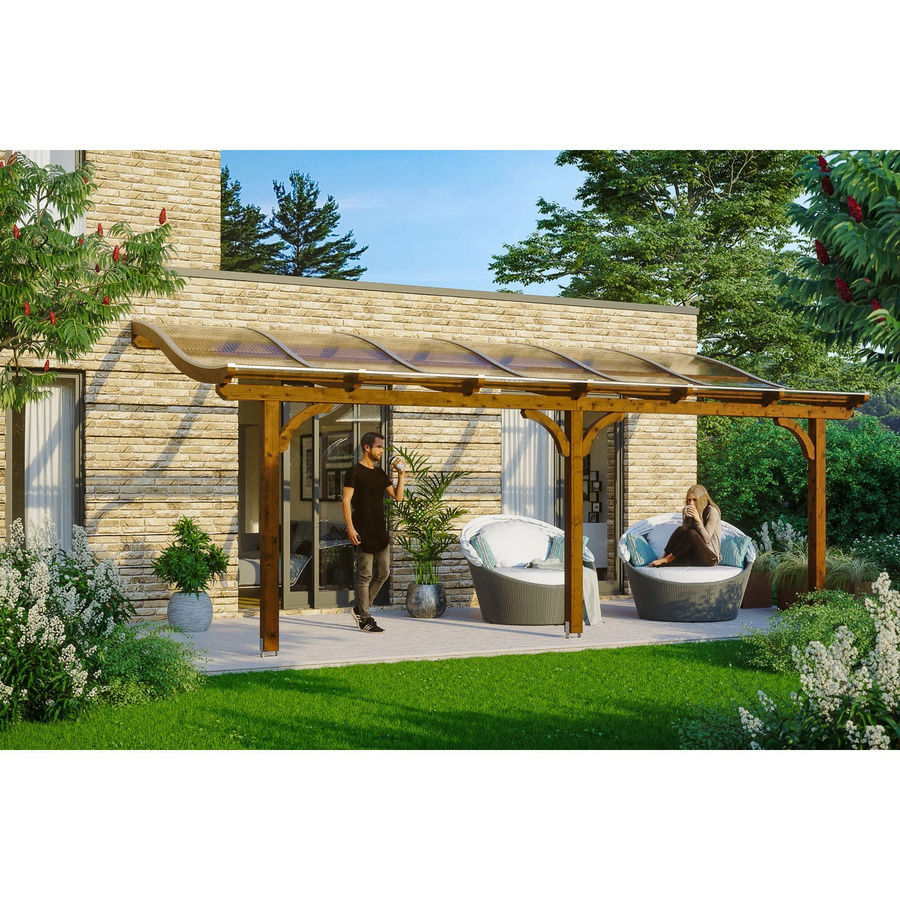 Skan Holz Terrassenüberdachung Venezia aus Leimholz in Nussbaum Braun, B/T/H: 648 x 339 cm mit Polycarbonat Dach - Bild 2
