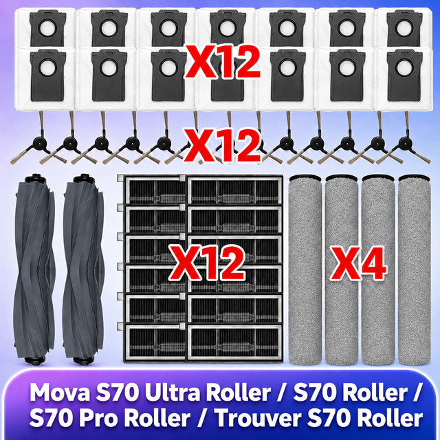 OSSIEAO Zubehör-Set für MOVA S70 Roller, S70 Ultra Roller, S70 Pro Roller und Trouver S70 Roller mit Hauptbürste, Tricut Seitenbürste, Filterrolle, Wischpad und Staubbeutel - Bild 1