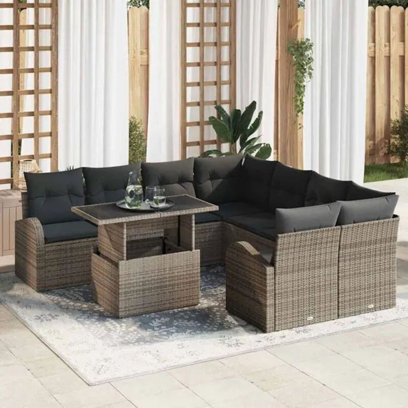 Vidaxl Garten-Sofa-Set aus Polyrattan in Grau, 9-teiliges Loungemöbel-Set mit Polyester, B/T/H: 100 x 55 x 73 cm - Bild 1