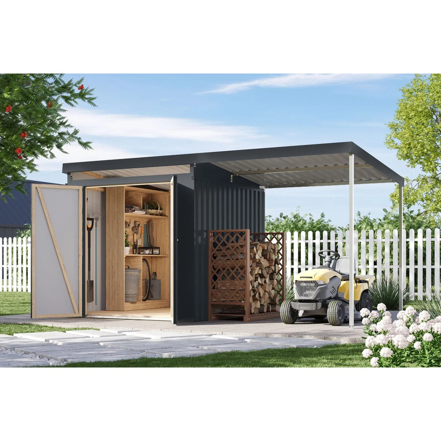 Karibu Metallgerätehaus Neos 2 mit Anbaudach in Anthrazit - Bild 2