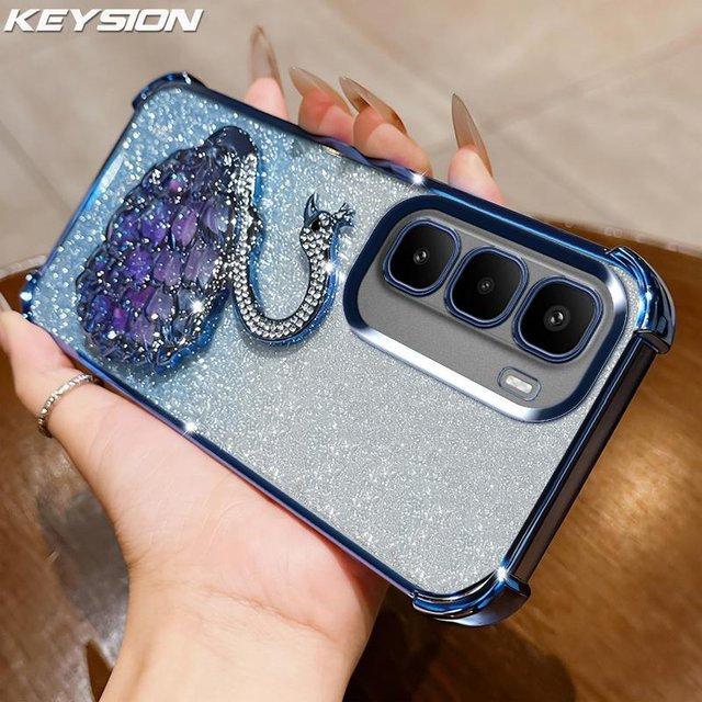 KEYSION Handyhülle mit Stoßfester Beschichtung und Schwan-Ständer für Infinix Hot 60 Pro+, Hot 60 5G und Hot 60i 4G, Transparent Blau mit Glitzer-Juwelenbesatz - Bild 1