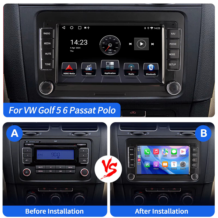 ESSGOO Android 14 Autoradio mit 7 Zoll Display für VW Golf MK5 MK6 Passat, Skoda Touran und Tiguan inklusive CarPlay, GPS, WiFi, Bluetooth und Multimedia-Funktionen in Schwarz - Bild 2