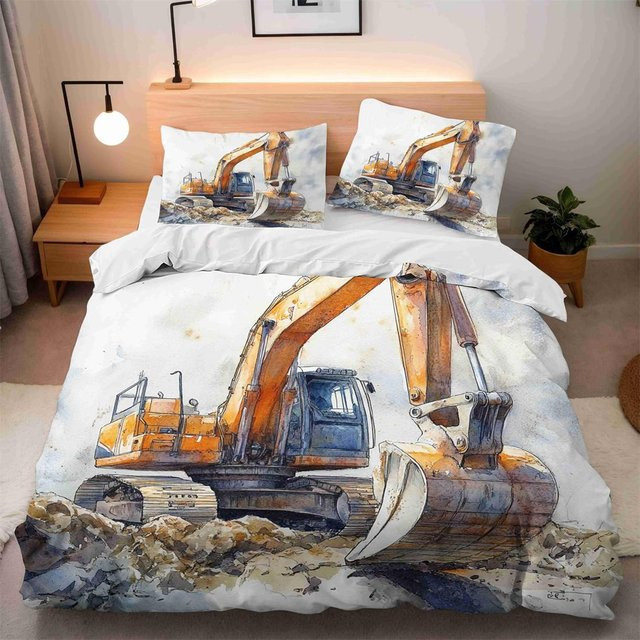 Bettwäsche Set mit Bagger-Motiv für Kinder von Your Warm Home, Bettbezug und Kissenbezug aus Mikrofaser, Farbe: Weiß, B/H: 90 x 200 cm - Bild 1