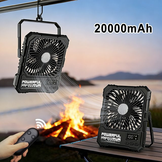 Cooskr Tragbarer Outdoor-Campingventilator in Grün, USB wiederaufladbarer Zehn-Fächer-Deckenventilator und Tischventilator mit Timer, LED-Beleuchtung und 20000mAh Powerbank-Funktion - Bild 1