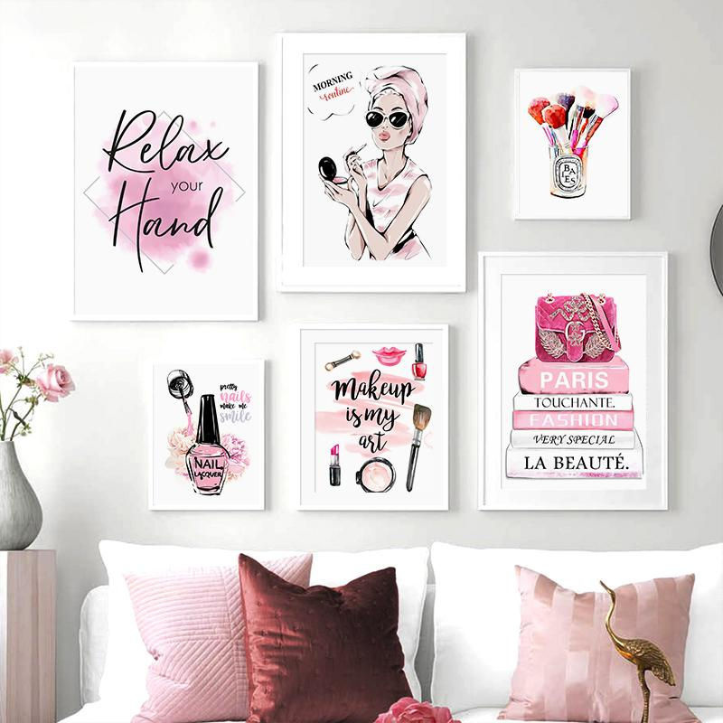DIMENGQI Wandkunst Leinwand Poster Parfüm und Make-up Motiv in Rosa, Modernes Wandbild für Wohnzimmer und Schlafzimmer, B: 50 cm, H: 70 cm - Bild 2