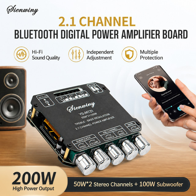 Digitaler 2.1CH Bluetooth Verstärker mit Subwoofer, 100W*2+100W, Höhen- und Bassregelung, AUX 3.5mm Jack, Schwarz - Bild 1