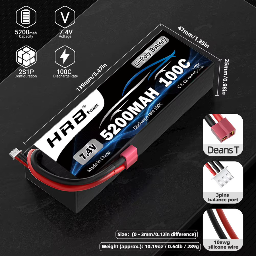 HRB 2S 7,4 V LiPo Akku 5200 mAh 100C mit T Deans Stecker Hardcase für RC Auto und Lkw 1/10 1/12 Schwarz - Bild 2