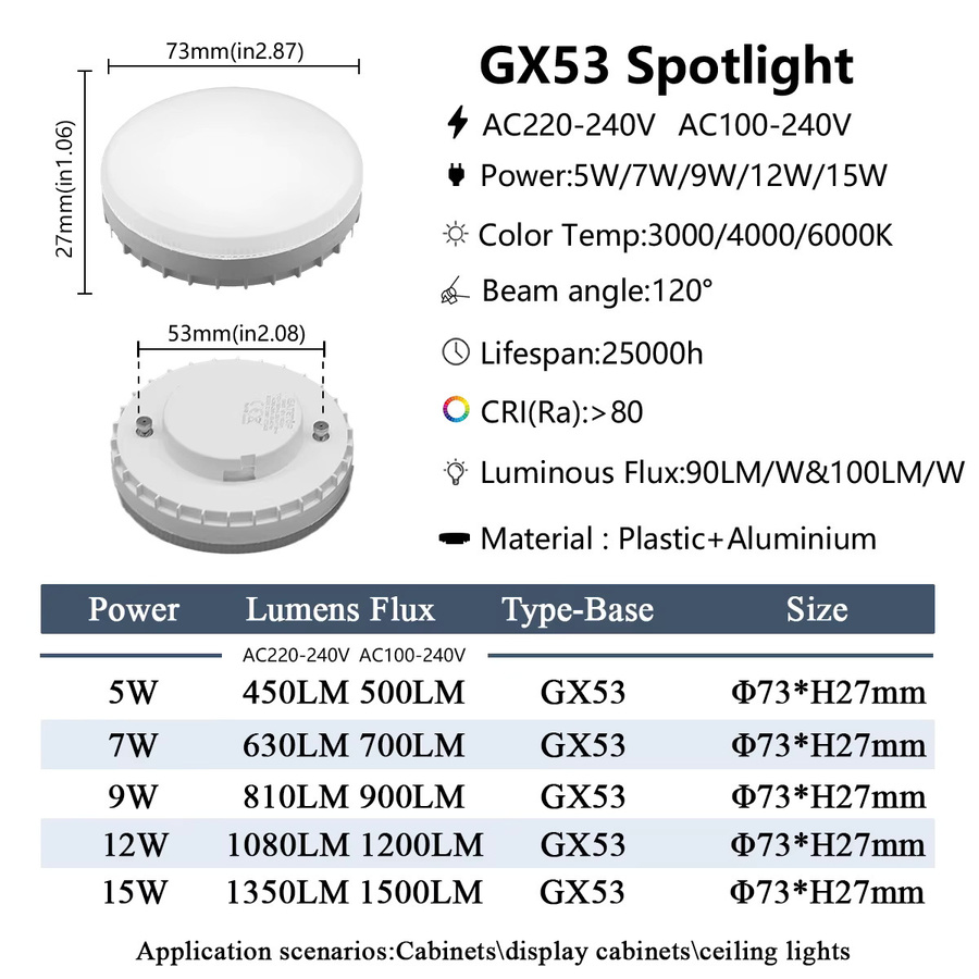 LED Strahler GX53 Weitspannung 100V-220V in verschiedenen Leistungsstufen von 5W bis 15W mit wählbaren Farbtemperaturen Warmweiß, Kaltweiß oder Natürliches Licht - Bild 2