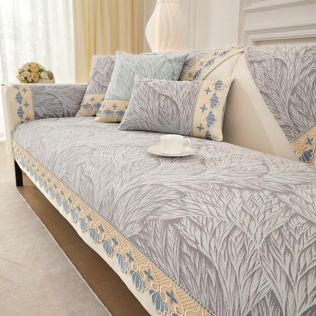 Rutschfester Sofabezug aus Chenille-Jacquard und Spitze in Grau, universeller Couchbezug für das Wohnzimmer, B/H: 70 x 70 cm - Bild 1