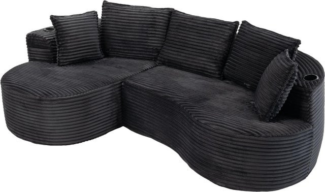 GOMYWAY Home Ecksofa aus Cord in Dunkelgrau mit Getränkehaltern, Seitentaschen und Kissen, B/T/H: 250 x 152 x 82 cm - Bild 1