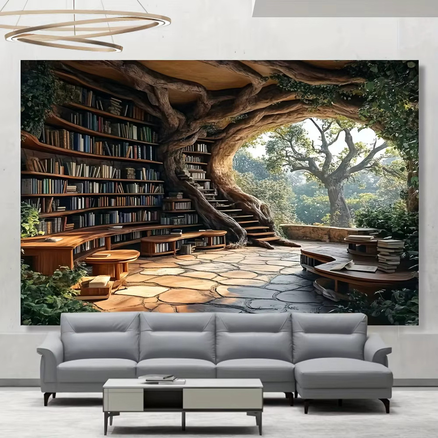VIKAMA Wandteppich Baumloch-Bücherregal in Schwarz-Weiß, dekorativer Textil-Wandteppich für dein Wohnzimmer - Bild 2