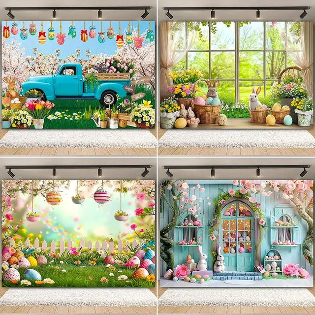 VIKAMA Oster-Hintergrundtuch mit Hasen und Eiern, buntes Hängendes Banner für Frühlingsfeier, Geburtstag oder Babyparty, B/H: 110 x 110 cm - Bild 1