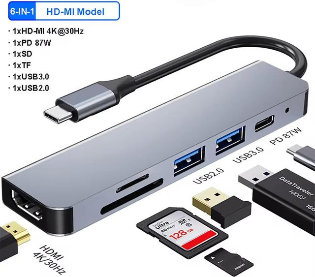 Kebidumei 6-in-1 USB-C Dockingstation mit HDMI 4K, USB 3.0, USB 2.0, TF/SD und PD Schnellladefunktion in Grau - Bild 1