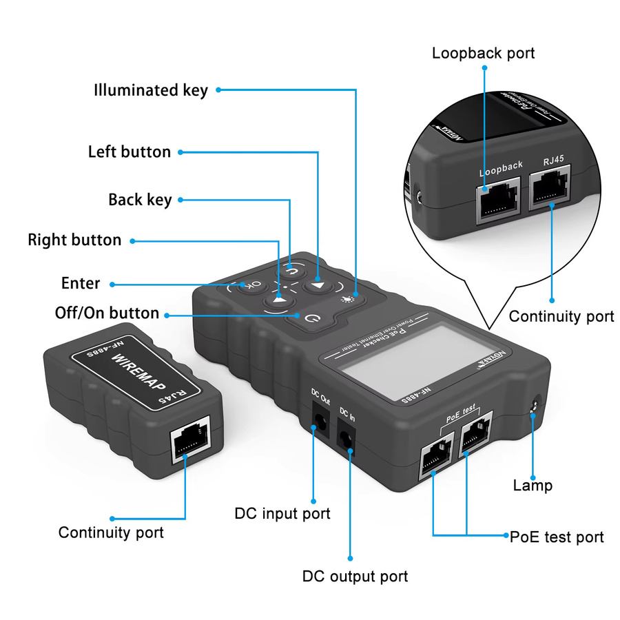 NOYAFA NF-488 LCD-Netzwerk-PoE-Checker und Ethernet LAN-Kabeltester für Cat5 Cat6 in Schwarz - Bild 4