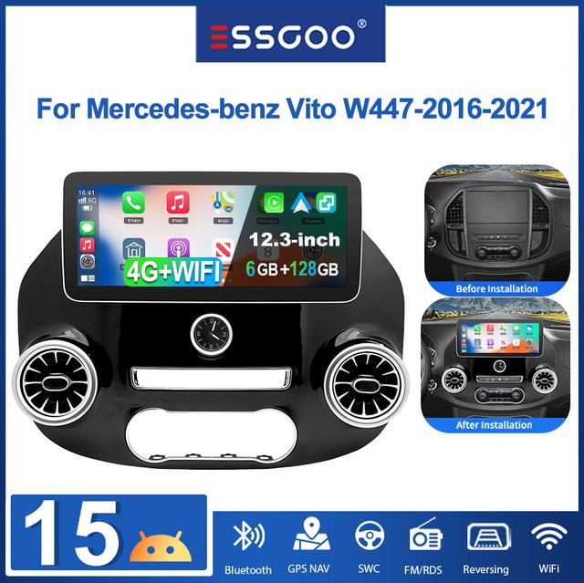 ESSGOO Android 15 Autoradio für Mercedes-Benz Vito W447 (2016-2021) mit 12,3 Zoll IPS Display, 6GB RAM, 128GB Speicher, GPS, Bluetooth, WLAN, kabelloses Carplay und Android Auto, Schwarz - Bild 1