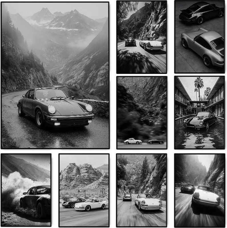 Vintage-Leinwandposter von Rastar mit Automobil-Rennfotografie in Schwarz-Weiß, rahmenloses Wandbild im Querformat - Bild 1